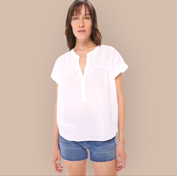 XiRENA White Cotton Pleated Detail Notch Neck Short Cap Sleeve Peasant Top Small - Picture 1 of 9
